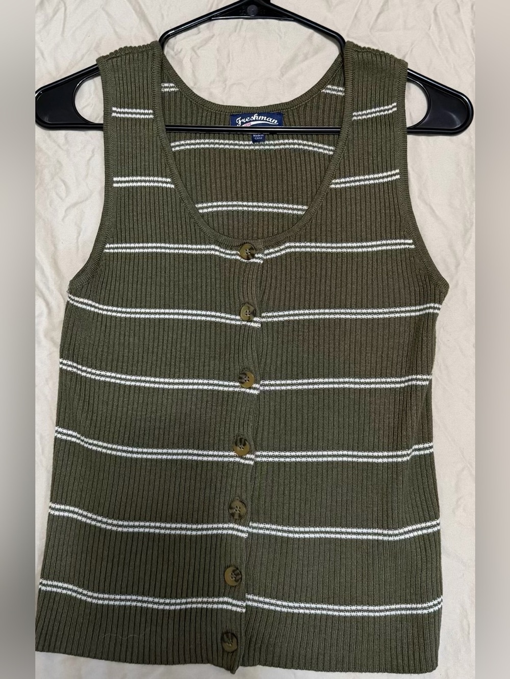 Freshman Olive & White Striped Button-Front Ribbed Tank